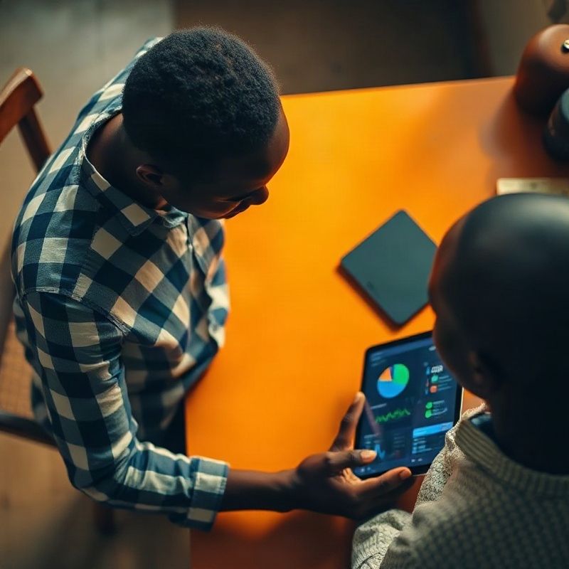 A Kenyan small business owner reviewing a digital dashboard on a tablet